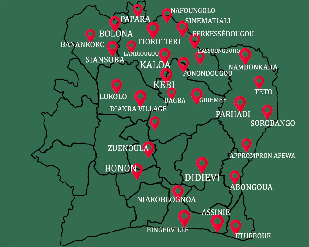 situation géographique des stations-services de sifo énergie sur la carte de la côte d'Ivoire